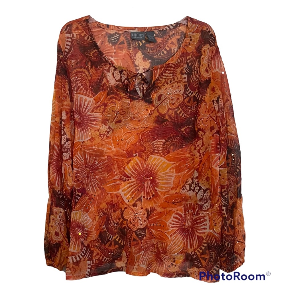 Chico’s Additions Orange Floral Chiffon Top with Sequins Size 3 (XL)